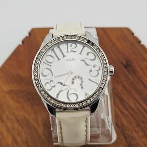 Guess Women's Crystal Halo Silver Tone Watch Whimsical Numbers Cream Band